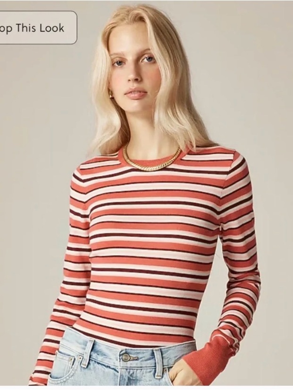 J Crew Carolyn fitted crewneck sweater in striped Merino Wool NWT Retail $118